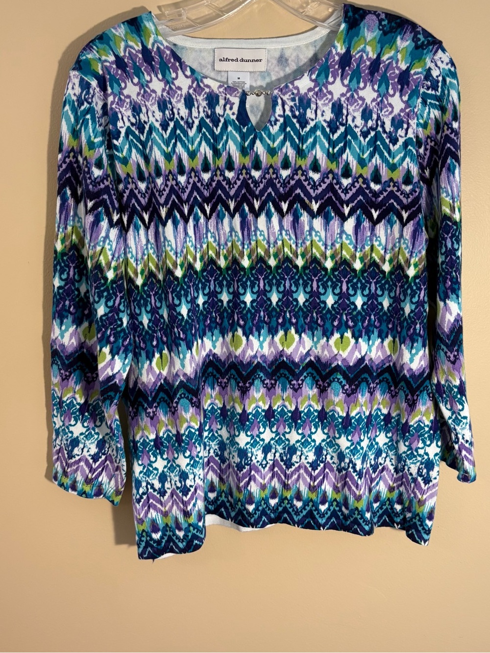 Alfred Dunner Chevron Ikat Knit Top Keyhole Neckline Blue:Purple Size Medium